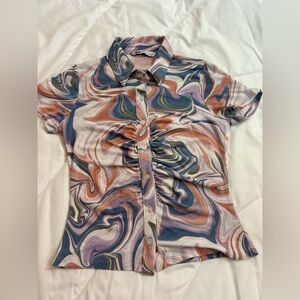 SO Women’s Juniors Marble Swirl Button Down Cinched Blouse Crop Top Size small